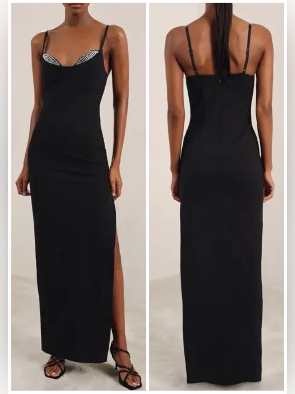 NWT Good American Crystal Trim Maxi Dress Black Slim Rhinestone Sz L